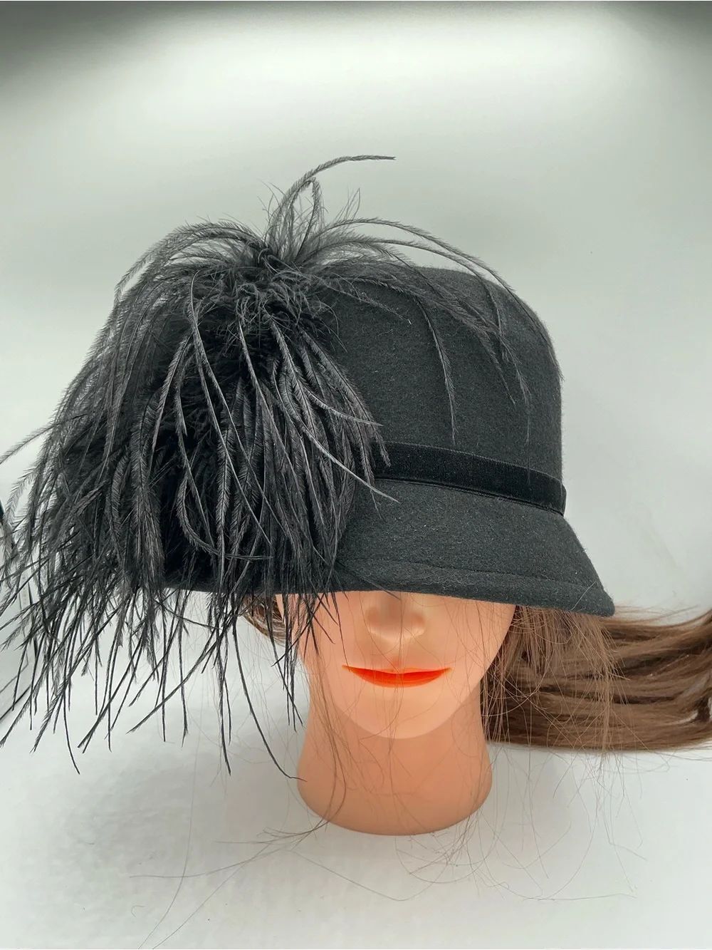 betmar Black Wool Cloche Hat with Feather Plume